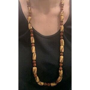 Vintage Beaded Necklace Beads From Africa, brass Toggle Orange red tan Brown 17”
